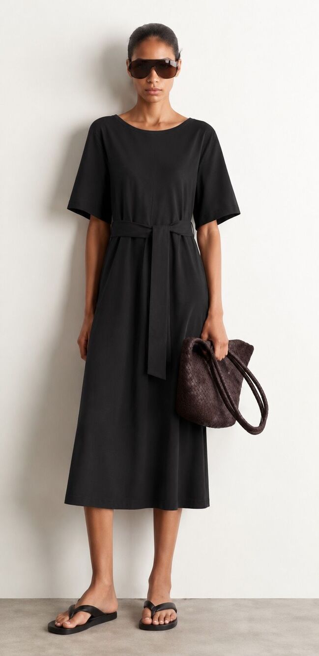 NWOT Quince Black Short Sleeve Belted Midi Dress Minimalist Shift Dress, Sm $178